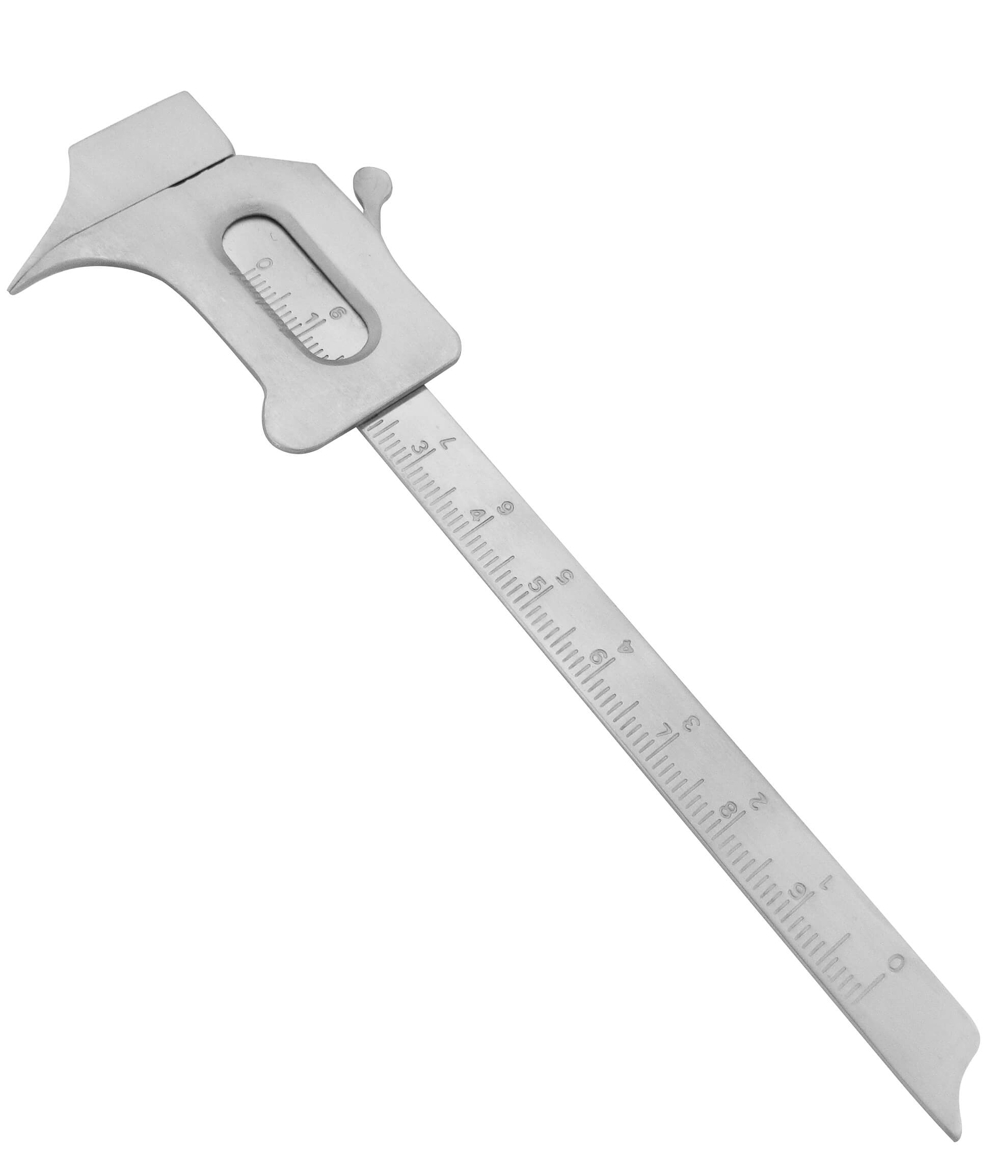 a curved dental gauge with a ruler on it