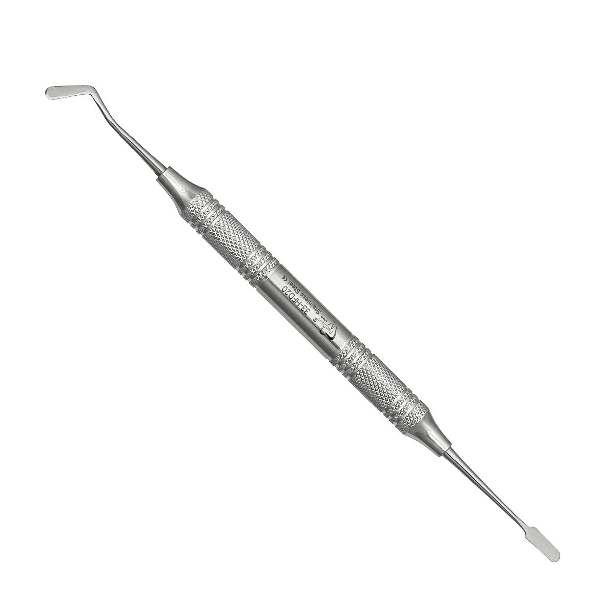a dental instrument with a stainless steel handle on a white background