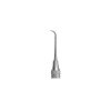 a stainless steel dental instrument with a curved handle on a white background .