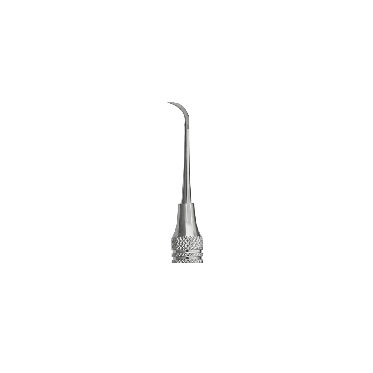 a stainless steel dental instrument with a curved handle on a white background .