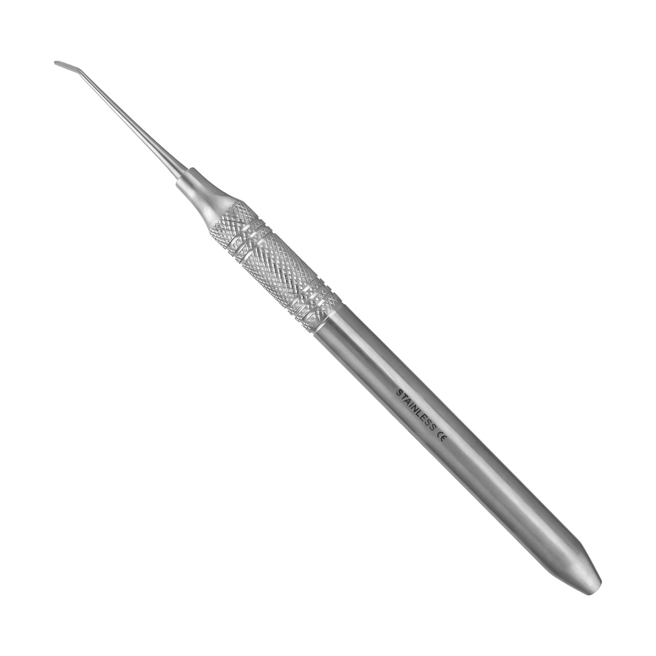 a stainless steel dental instrument with a curved handle on a white background .
