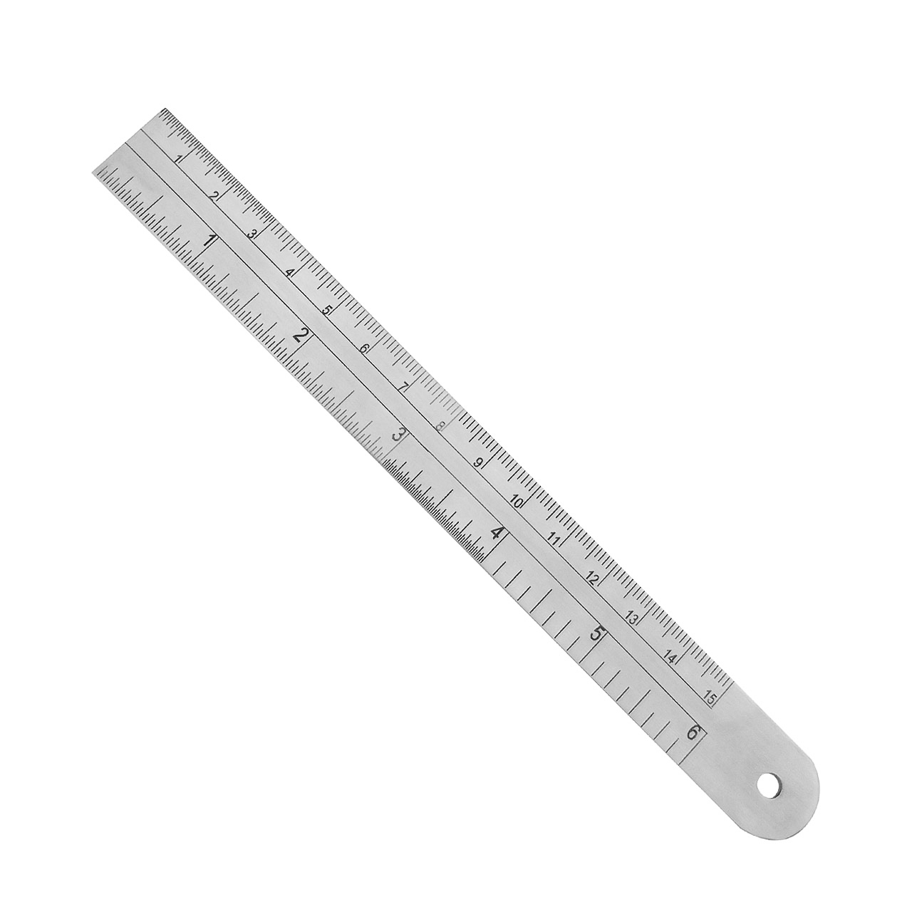 a stainless steel ruler is shown on a white background