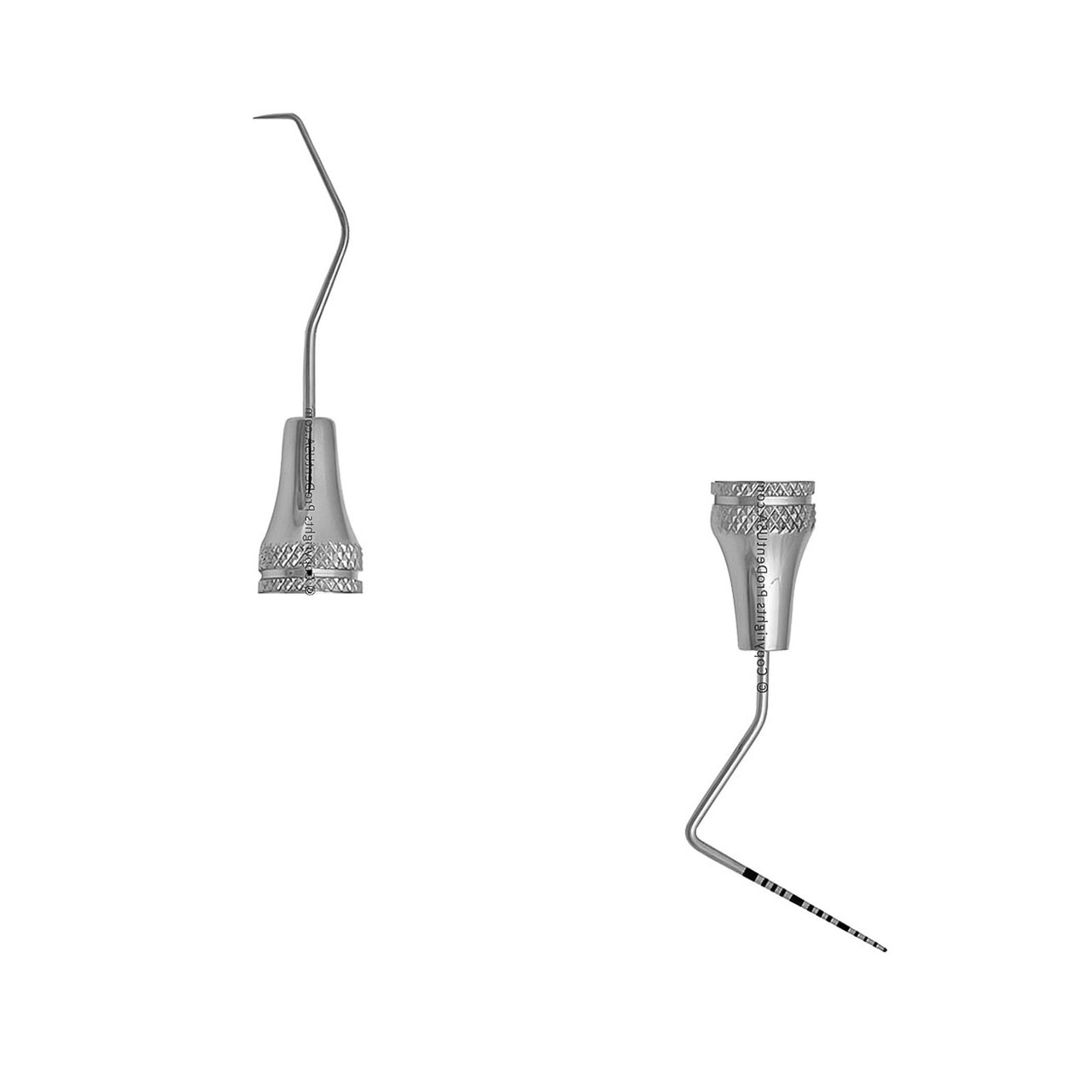 pair of explorer 17 and UNC15 dental tools on white background.