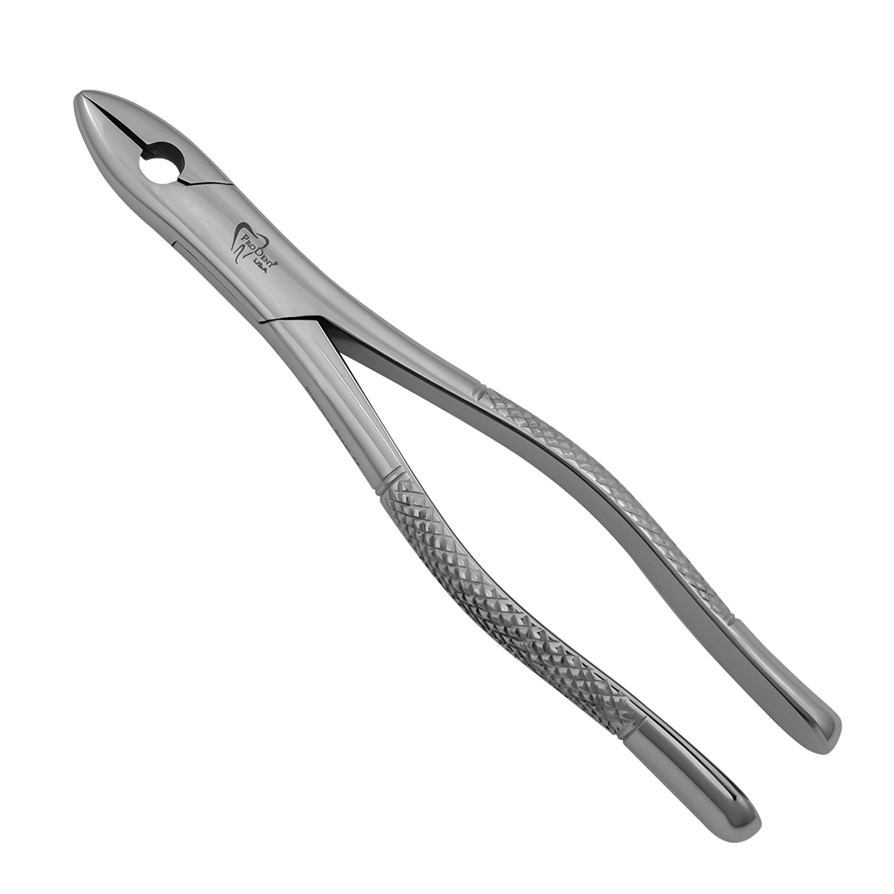 a pair of stainless steel dental pliers with a hole in the handle