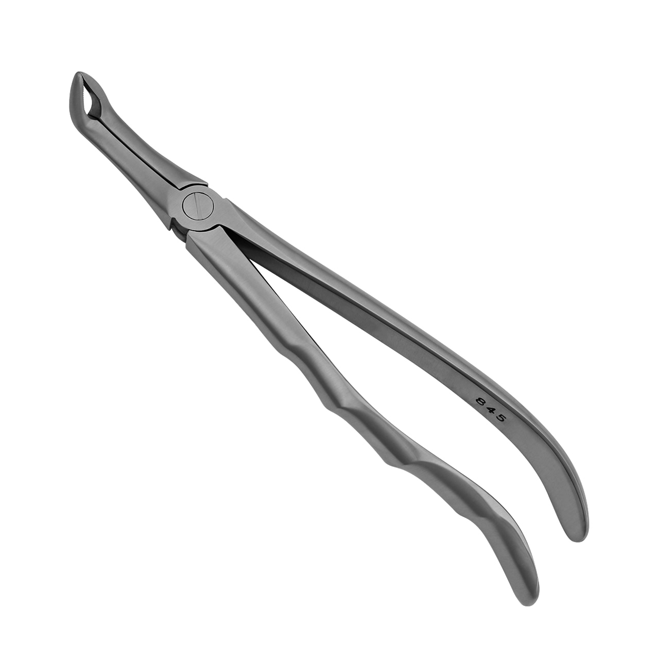 a pair of dental pliers with a curved handle on a white background