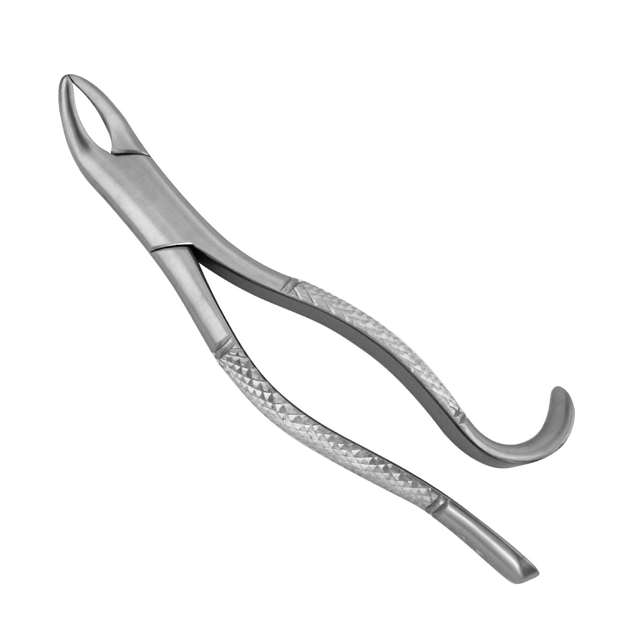 a pair of stainless steel dental forceps on a white background.
