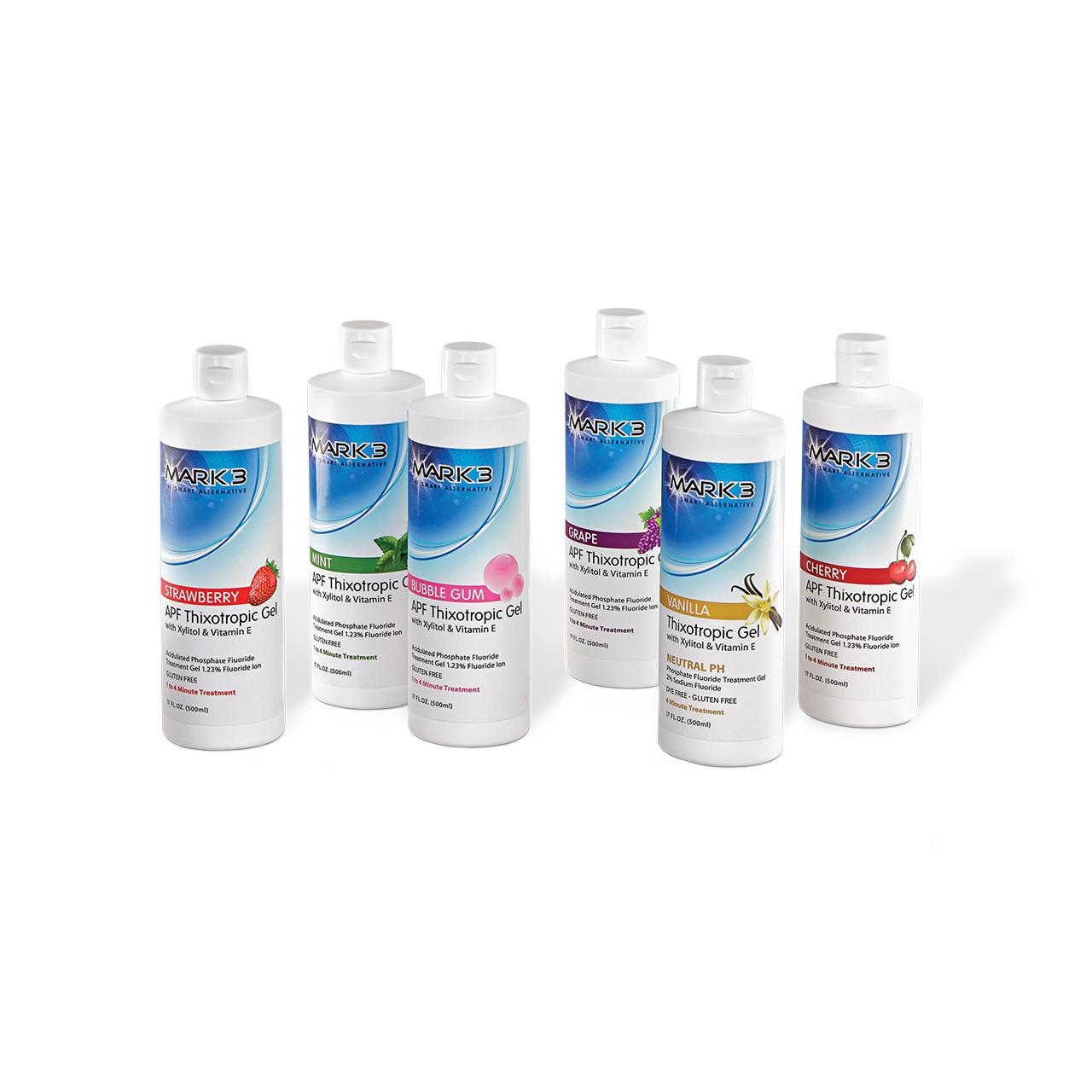 6 bottle of Mark 3 APF Thixotropic gel for fluoride treatment for teeth