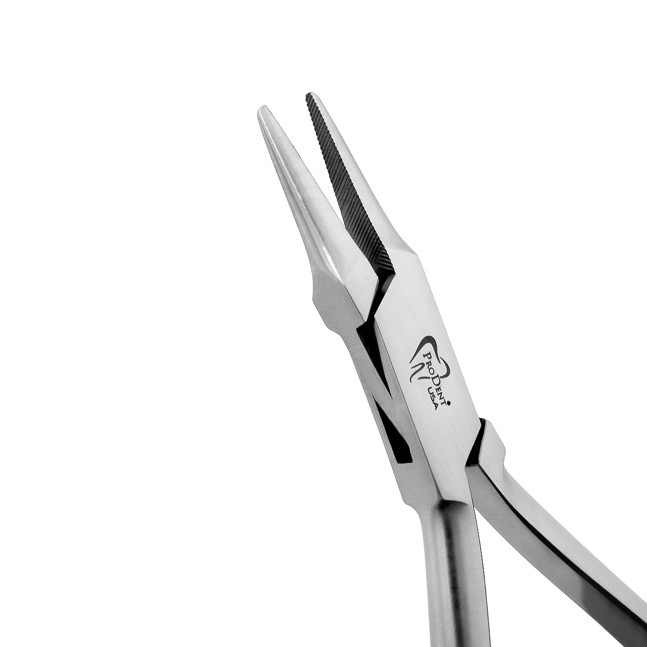 a pair of stainless steel pliers with black handles on a white background .