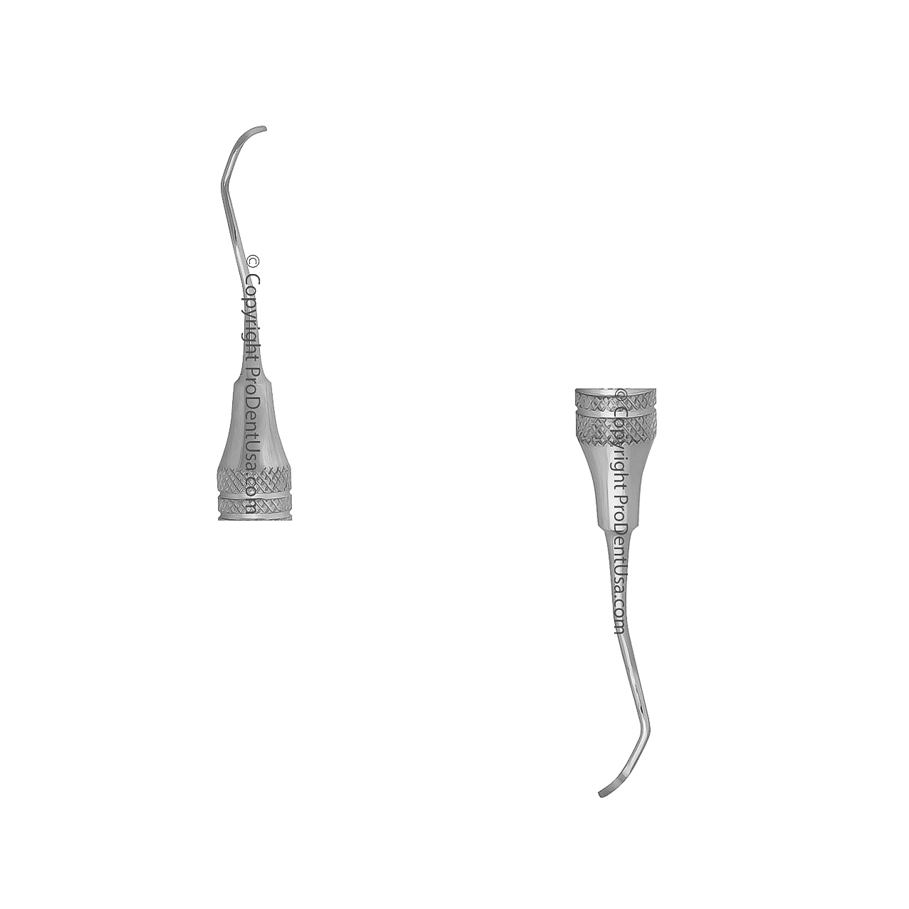 a pair of stainless steel dental instruments on a white background .