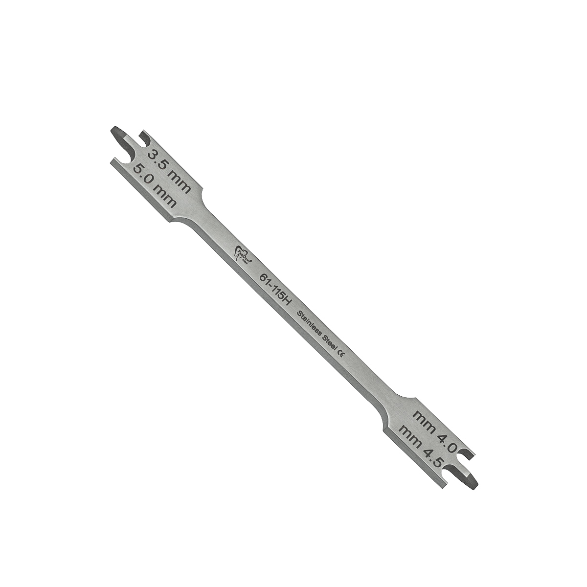 a stainless steel tool with measurements on it