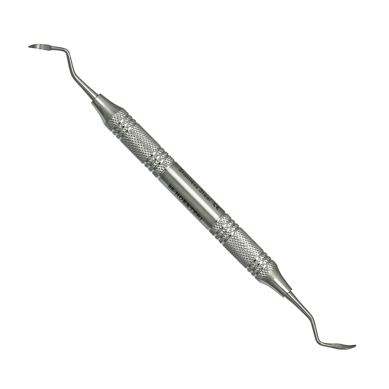a double-ended periodontal surgical curette on white background.