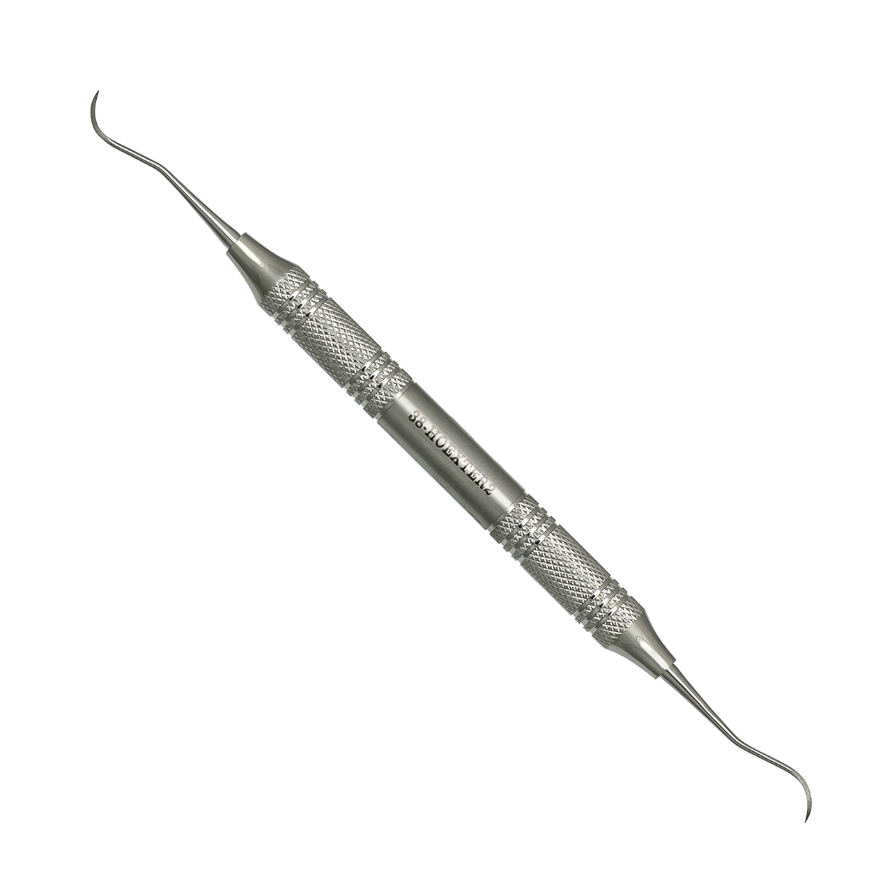 a dental instrument with a stainless steel handle on a white background