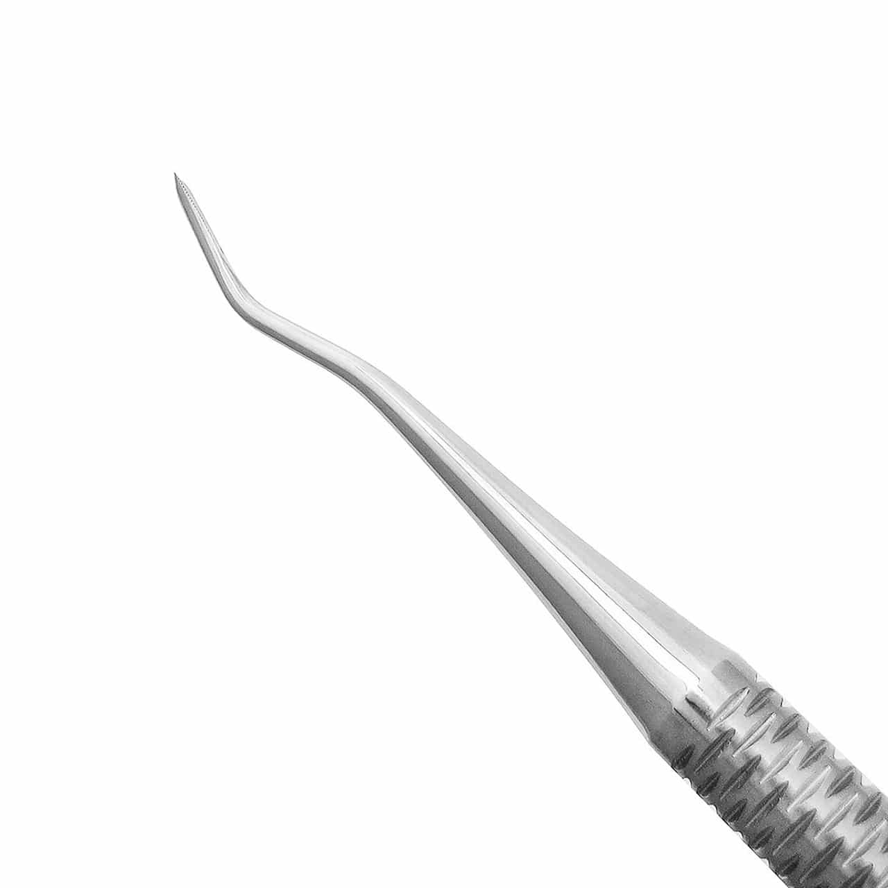 a close up of a stainless steel tool on a white background