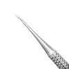 a close up of a stainless steel dental instrument on a white background