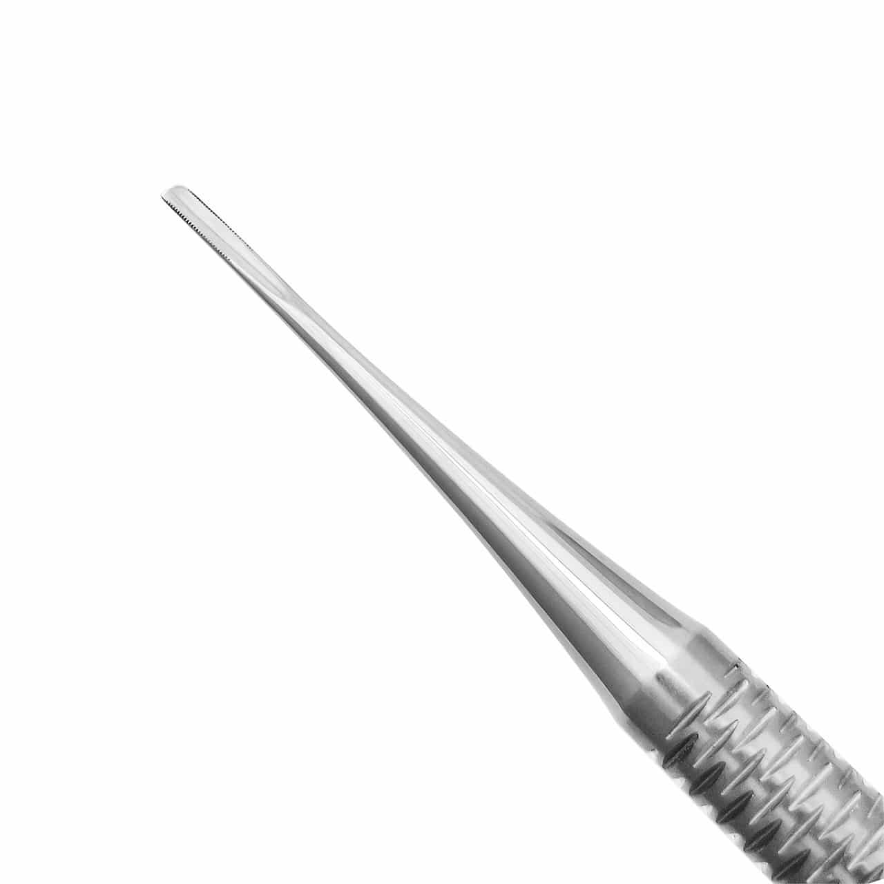 a close up of a stainless steel tool on a white background