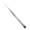 a stainless steel needle with a green handle on a white background