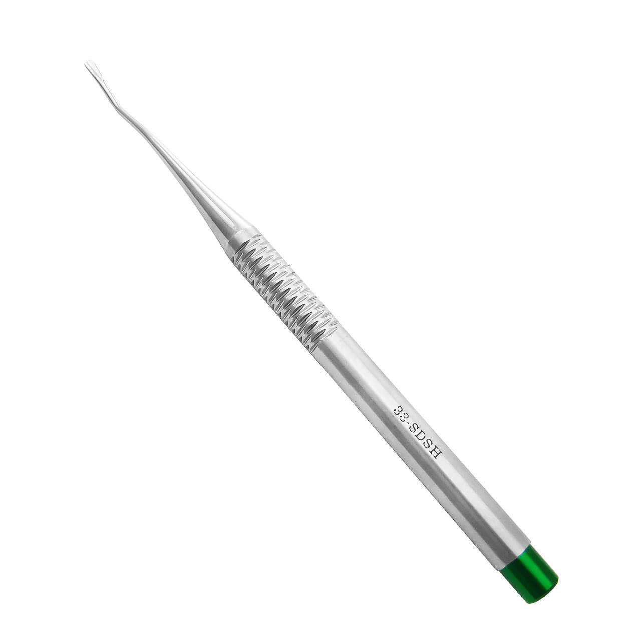 a stainless steel needle with a green handle on a white background