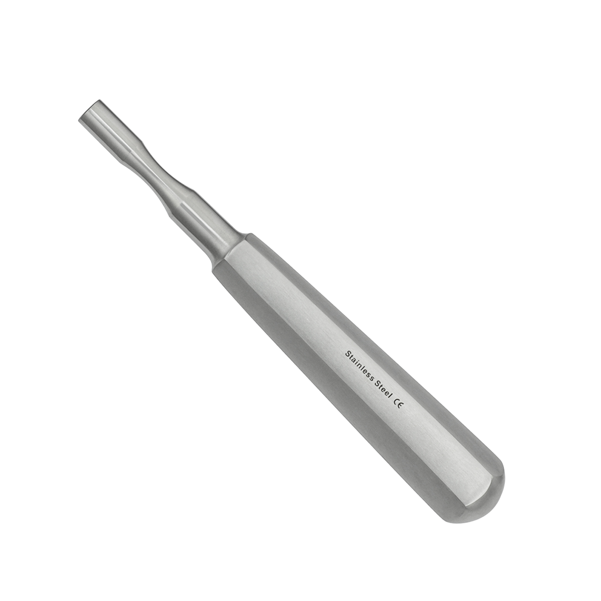 a stainless steel dental instrument with a long handle