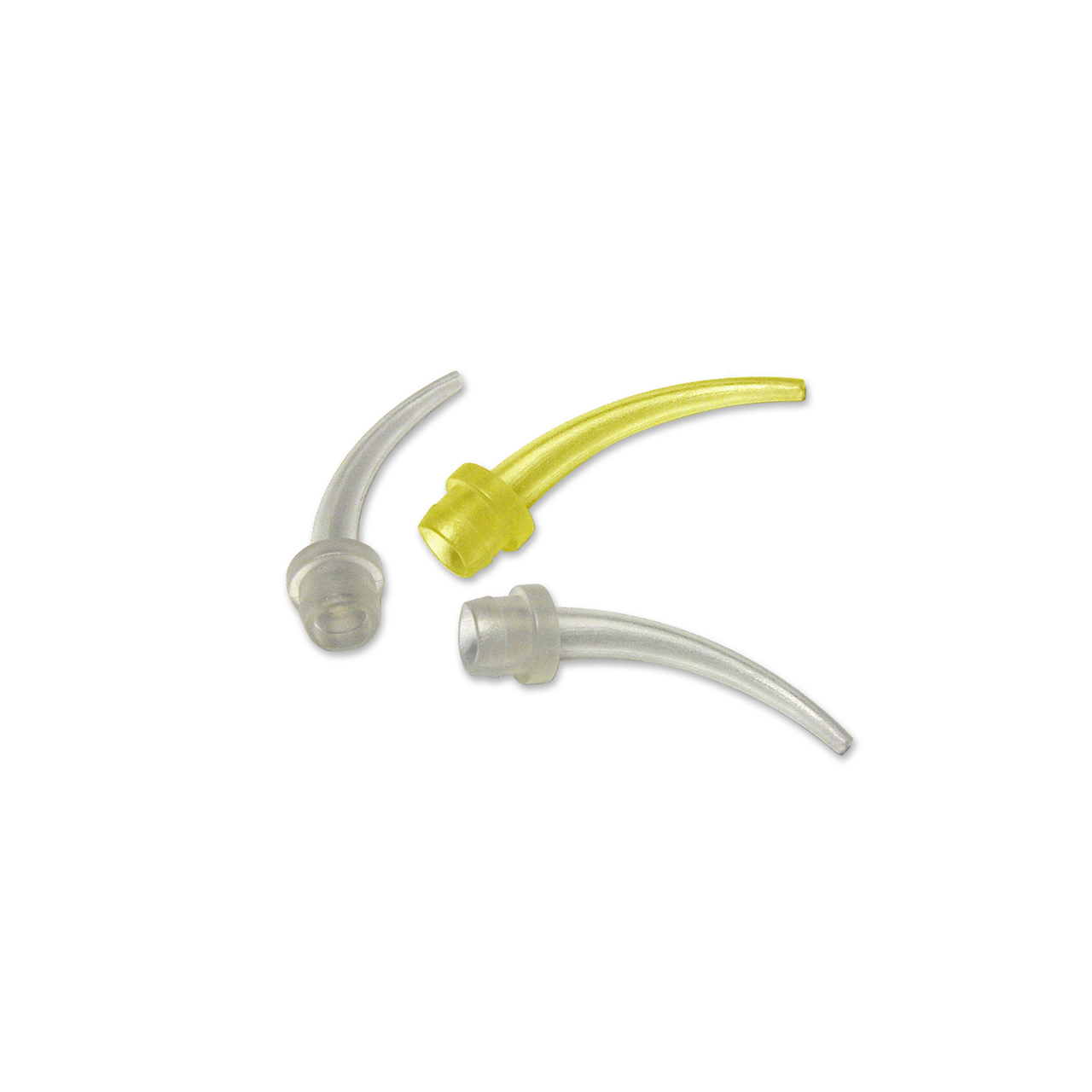 a yellow and a clear plastic tip on a white background.