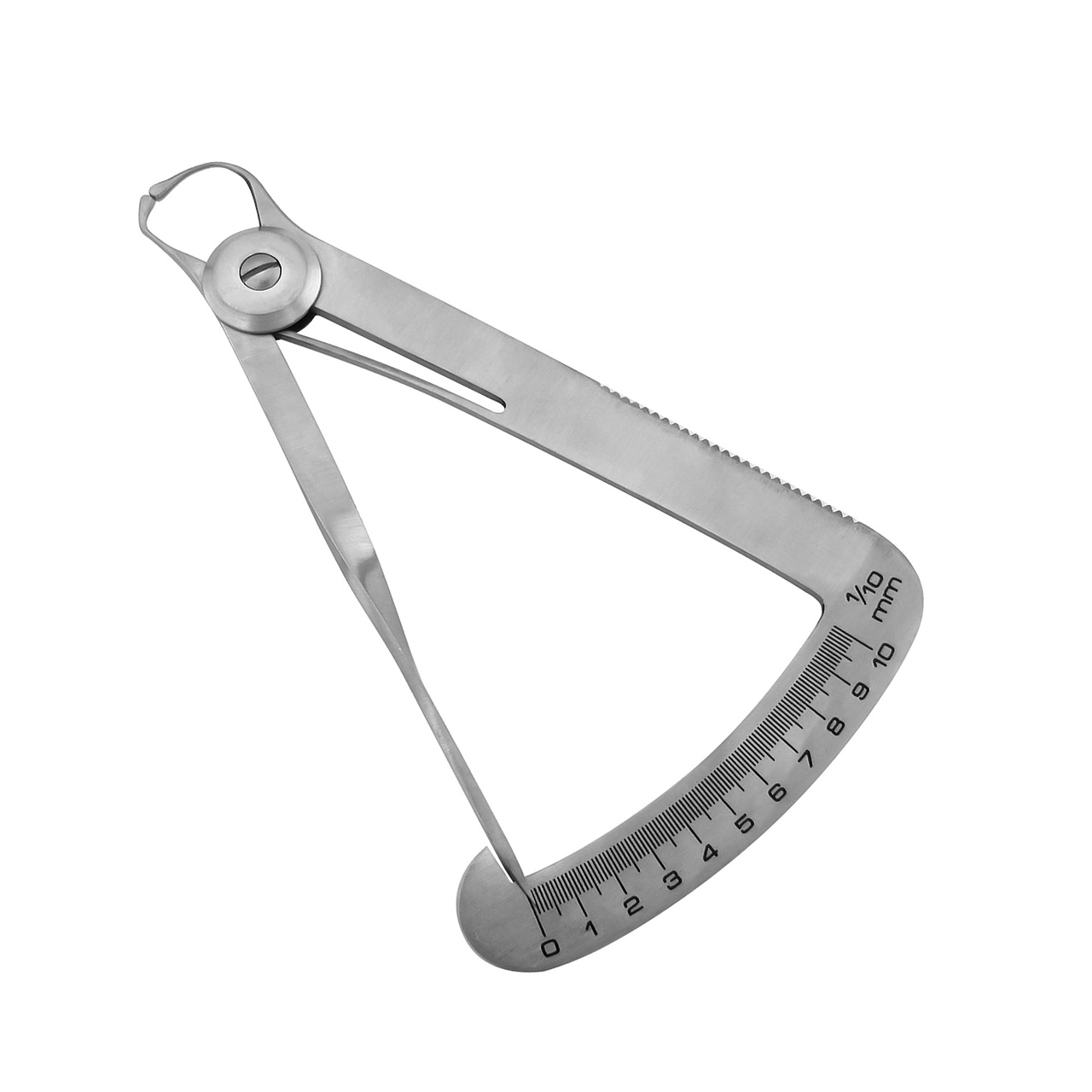 a stainless steel caliper with a ruler that goes up to 10 mm