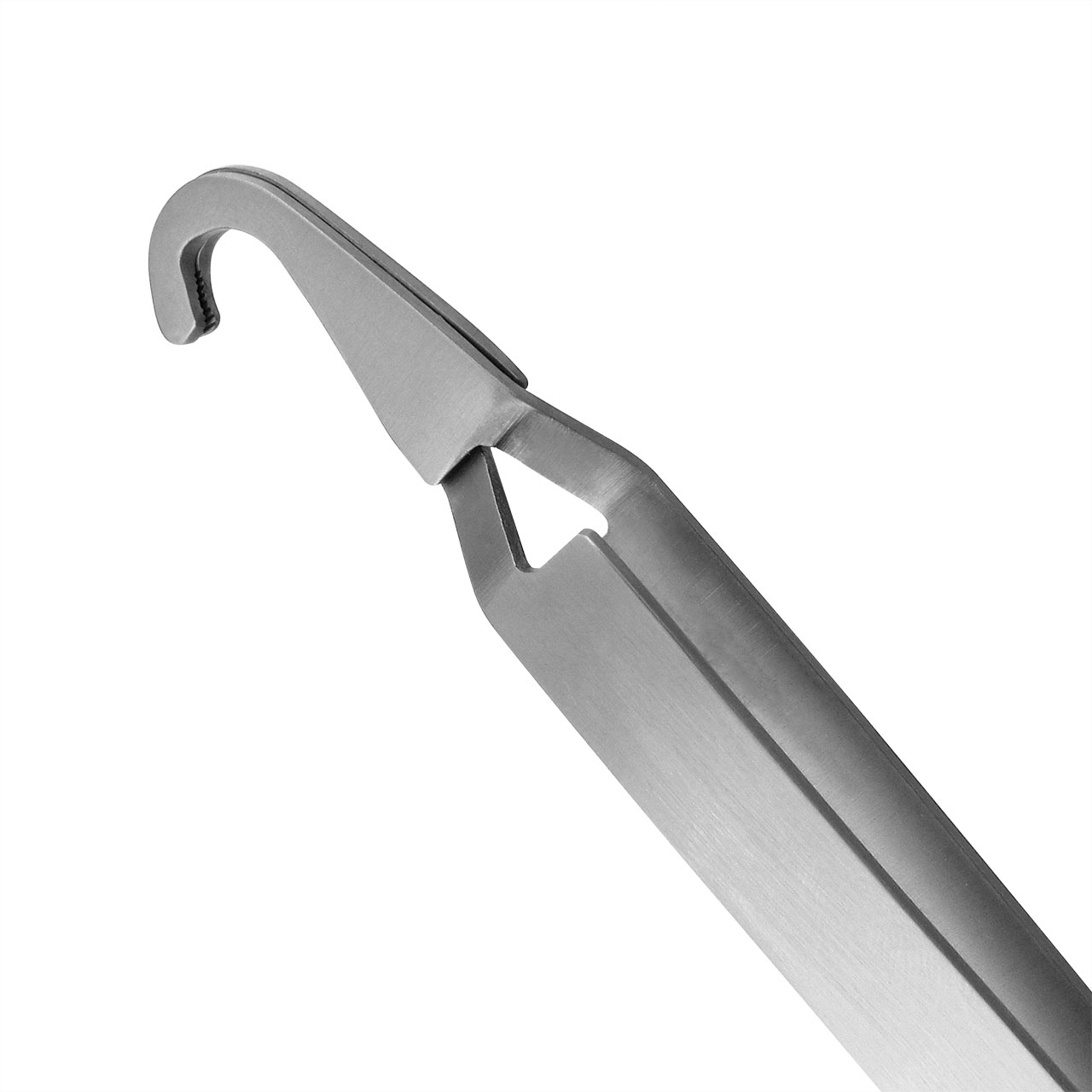 a stainless steel tool with a hook on the end.