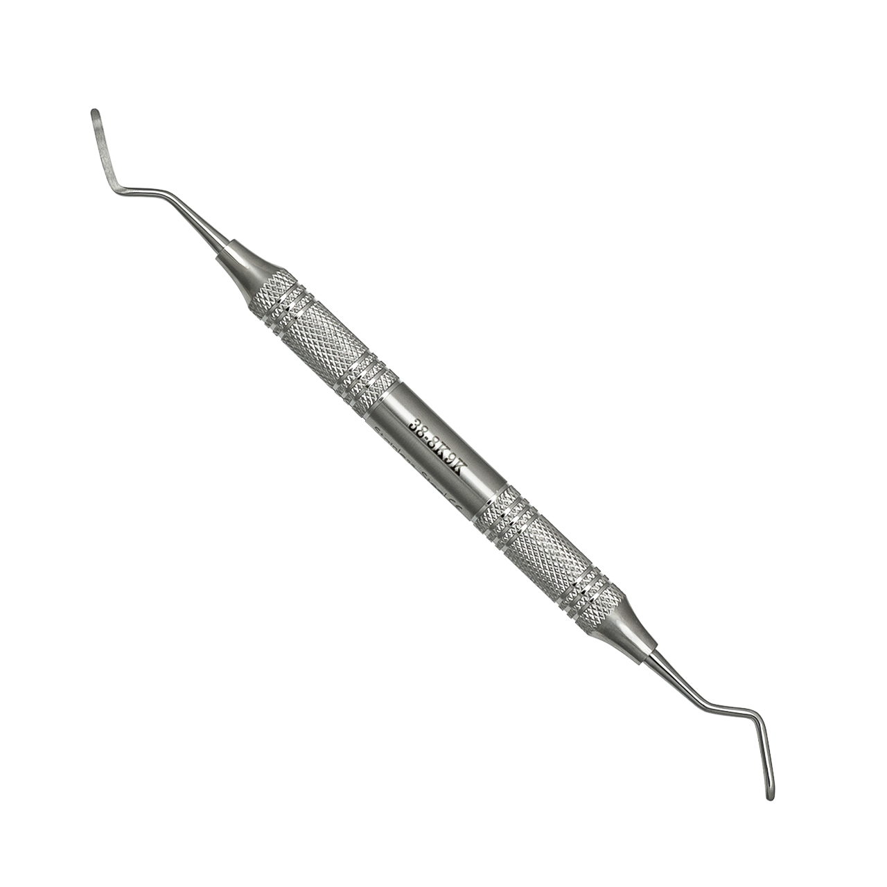 a dental instrument with a stainless steel handle on a white background