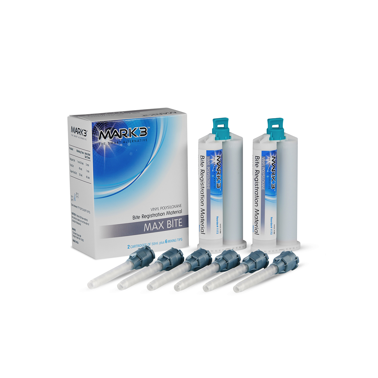 a box of mark 3 max bite dental impression material and a set of cartridges