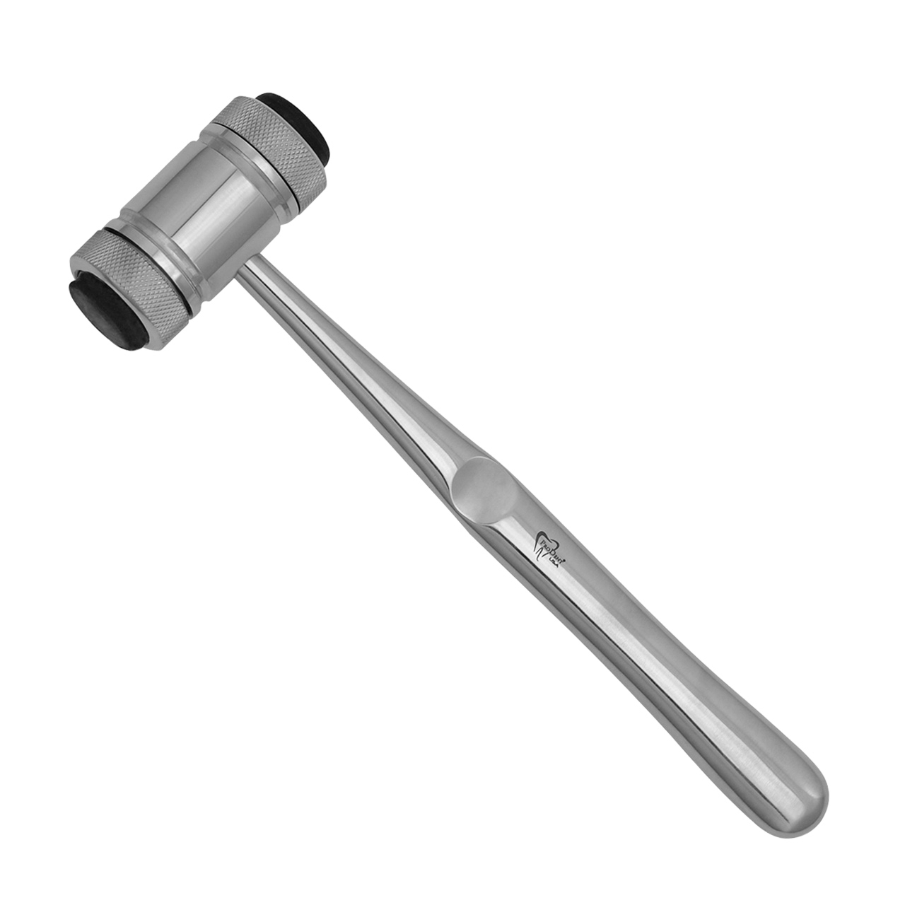 a stainless steel mallet with a black handle on a white background