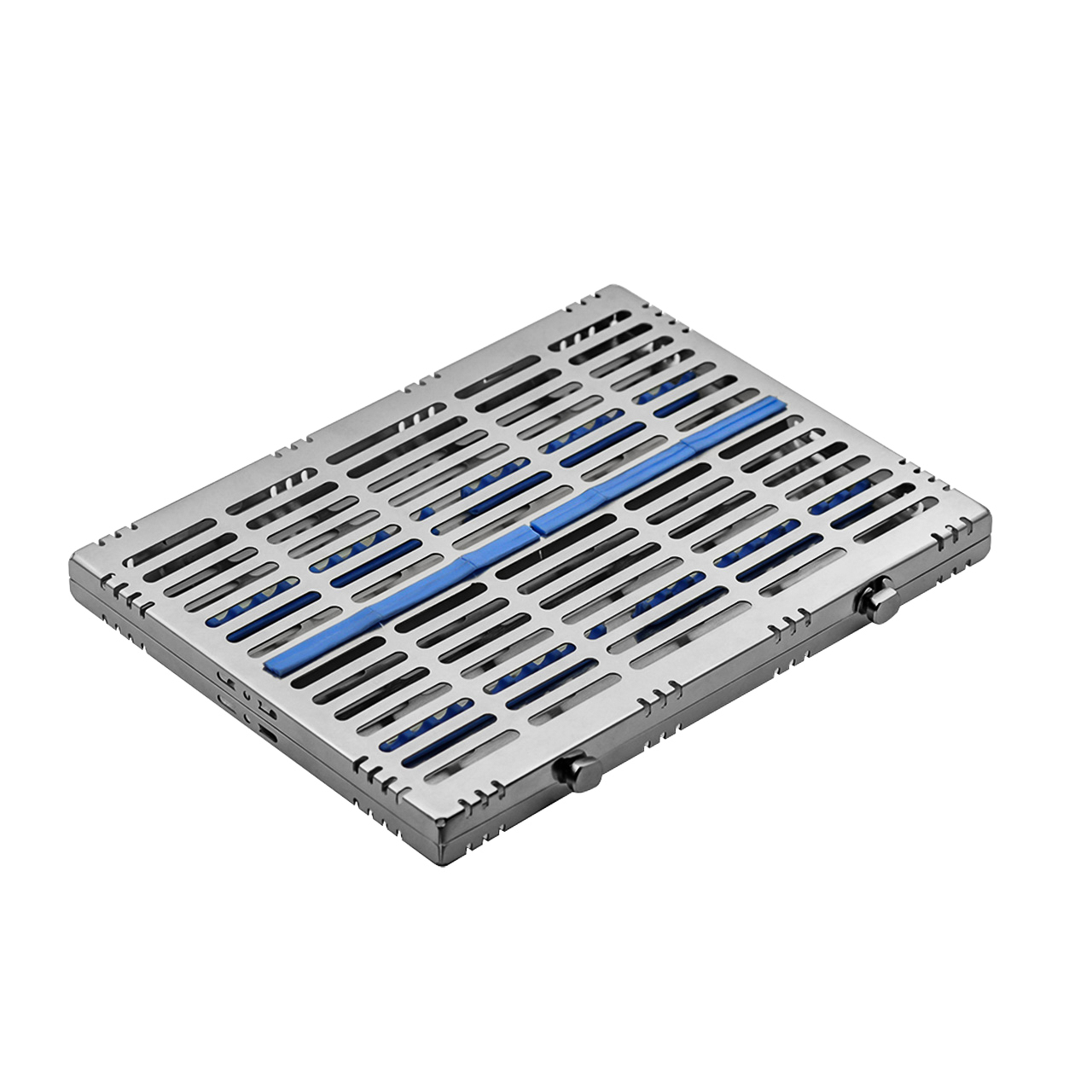 a metal tray with holes in it on a white background