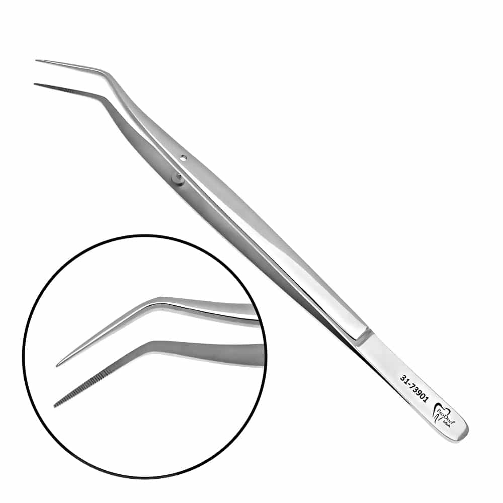 a pair of tweezers with a tooth on the handle.