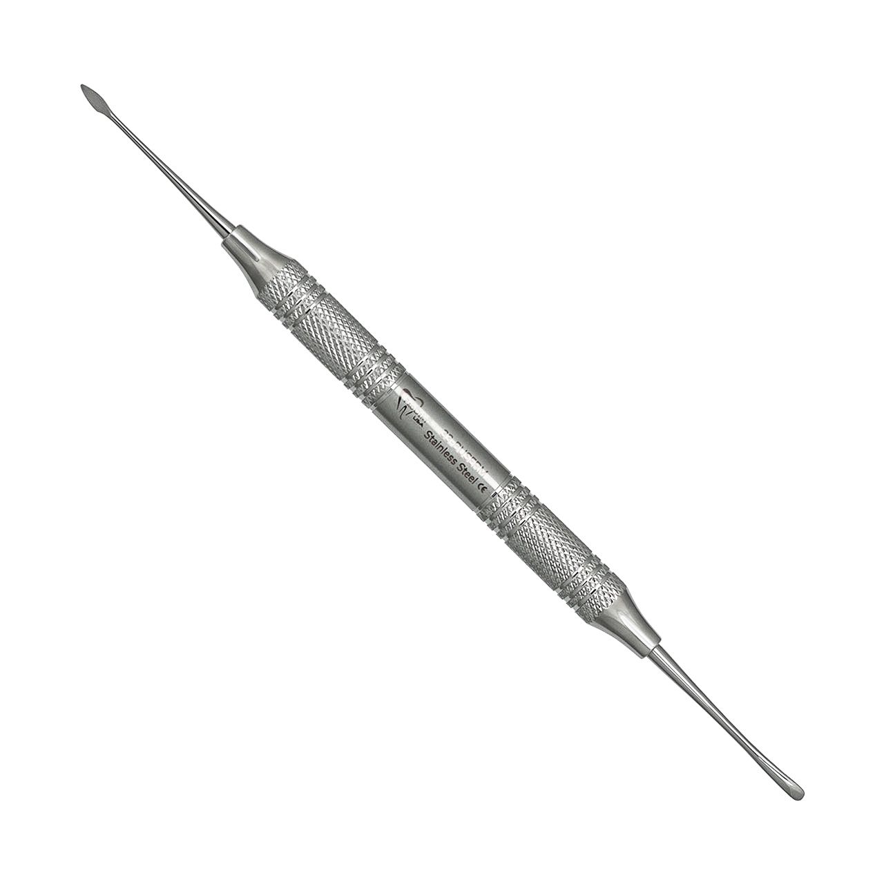 a stainless steel dental instrument with a needle and a toothpick on a white background