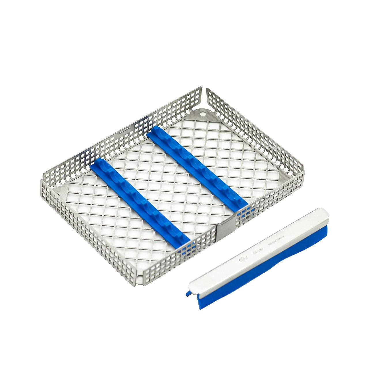 a stainless steel tray with blue stripes on it