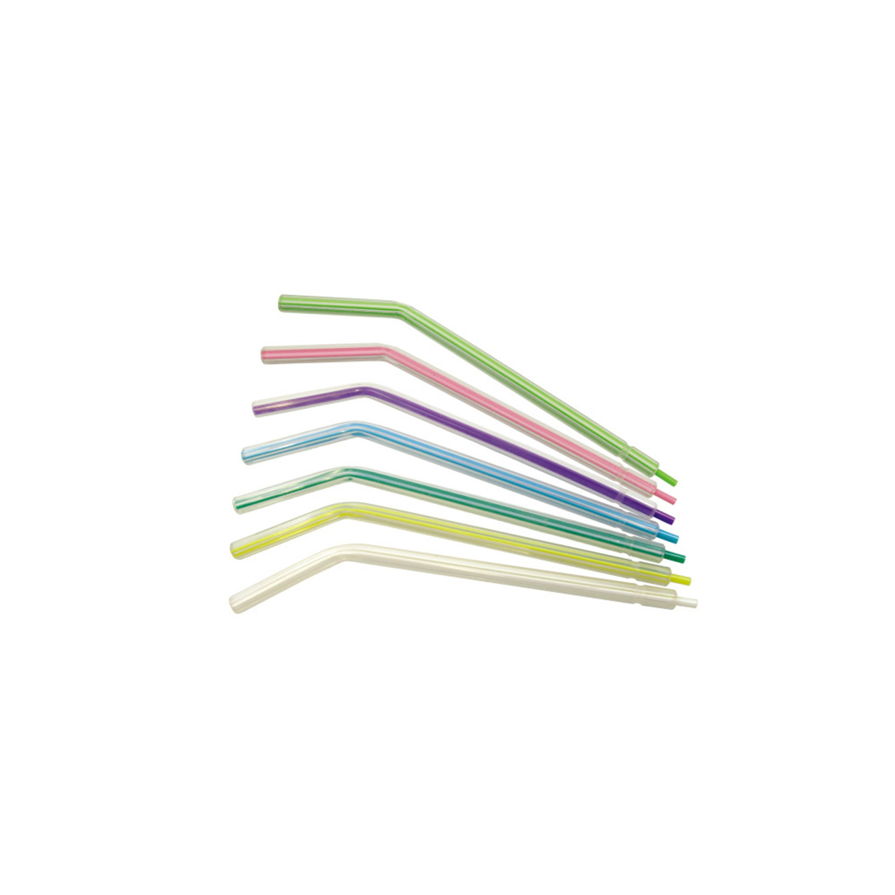 a row of plastic straws of different colors on a white background
