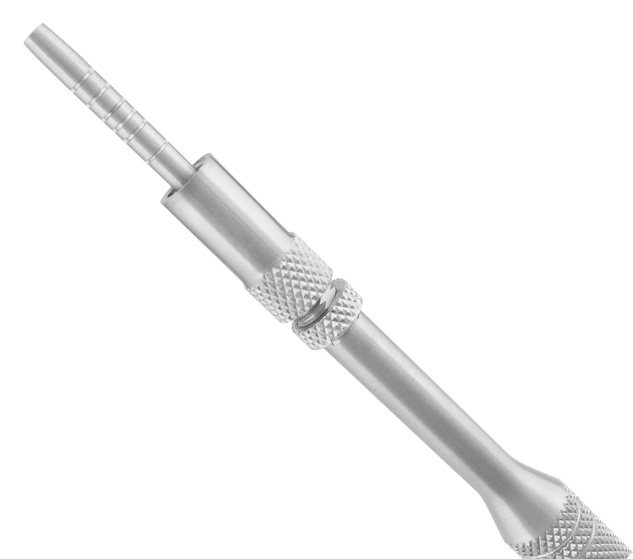 a close up of a stainless steel bone pusher on a white background