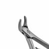 a pair of dental forceps with curved head on a white background .