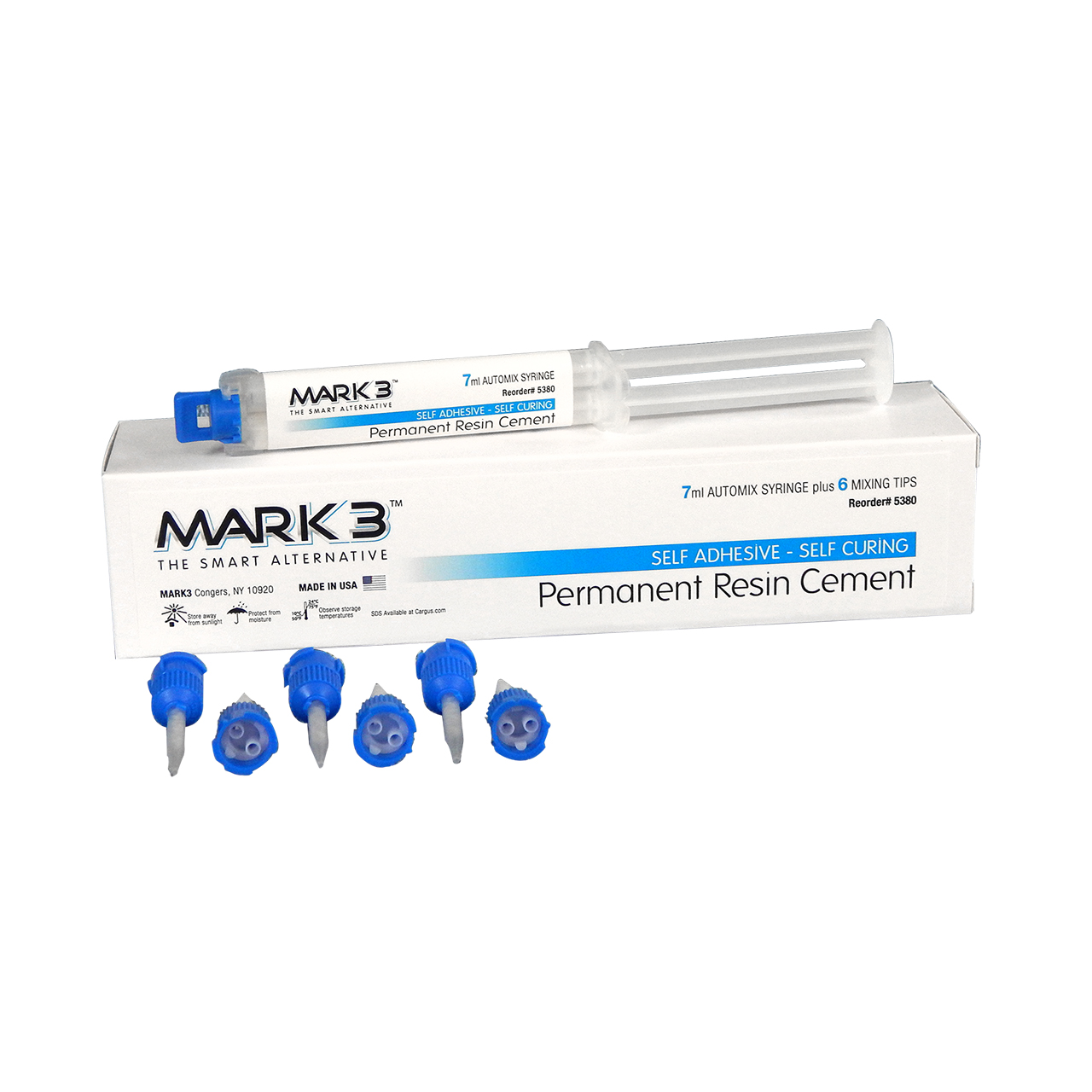 a box of mark 3 permanent resin cement with blue tips