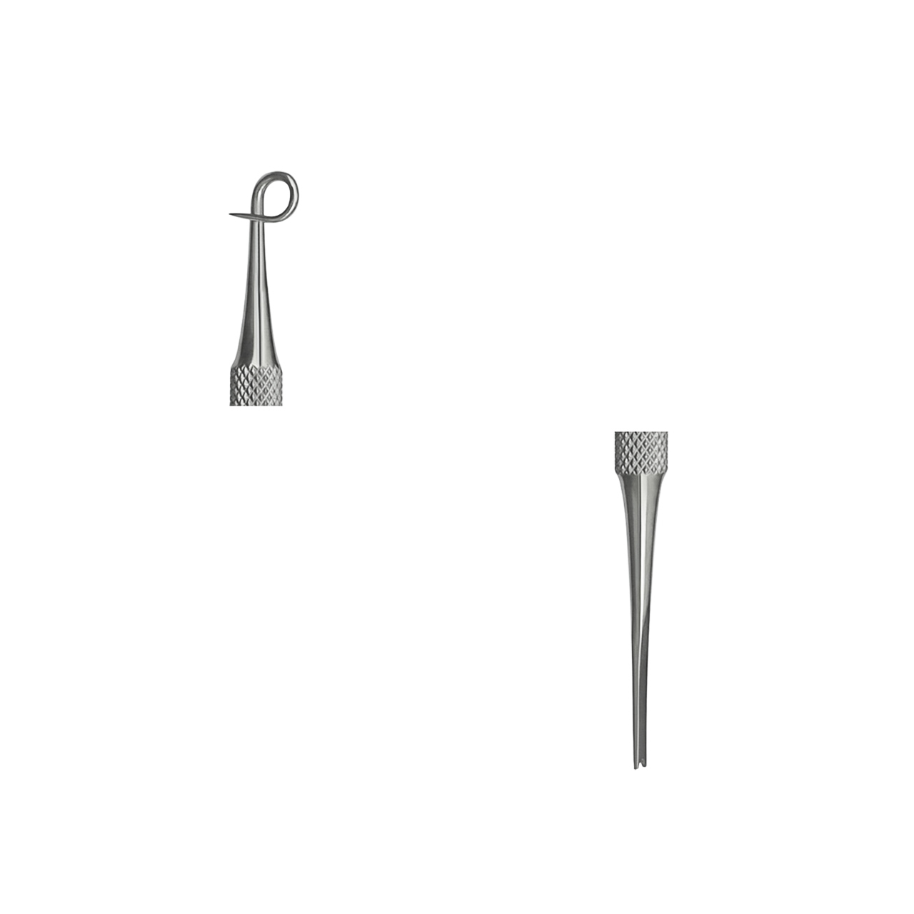a pair of stainless steel dental instruments on a white background .