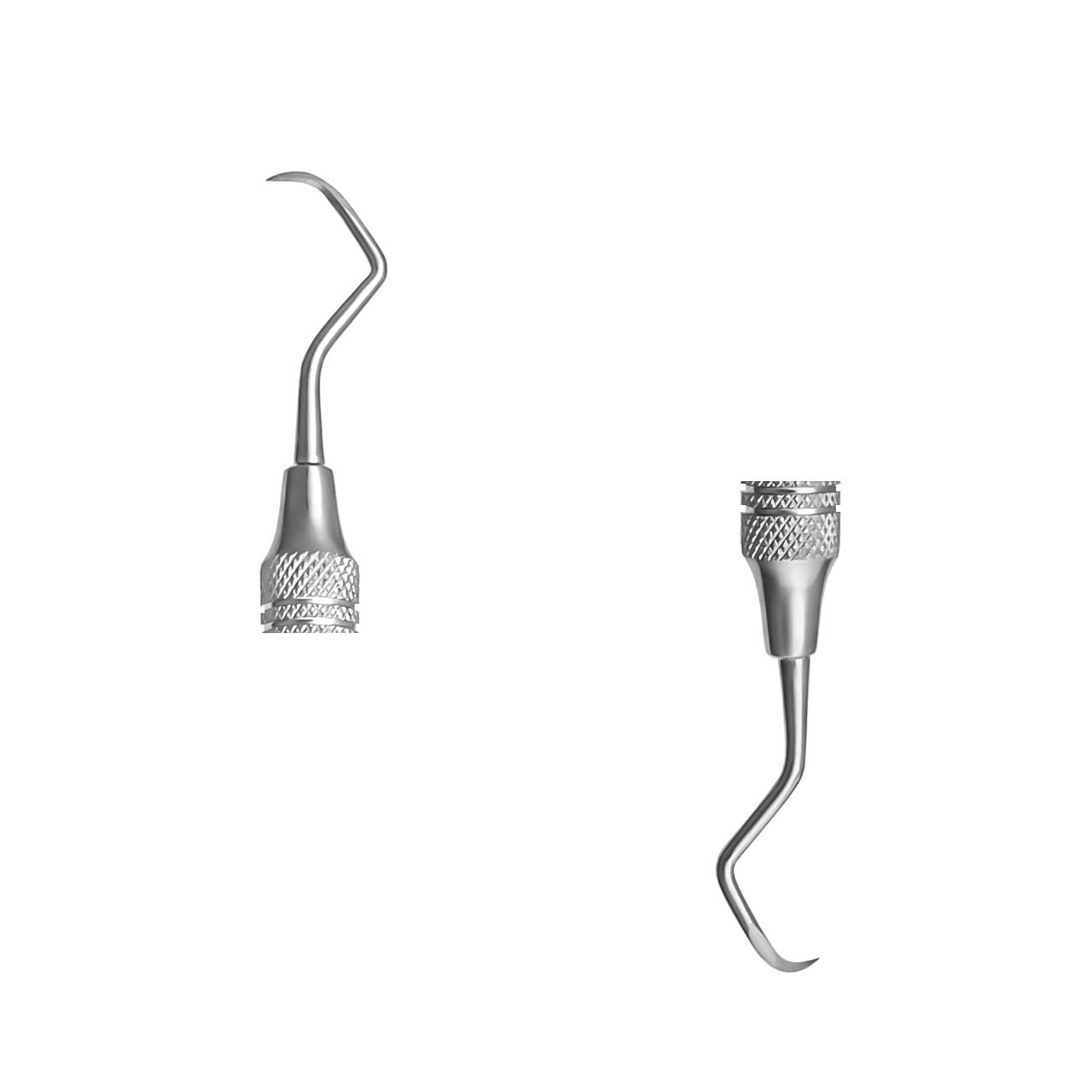 a pair of stainless steel dental instruments on a white background