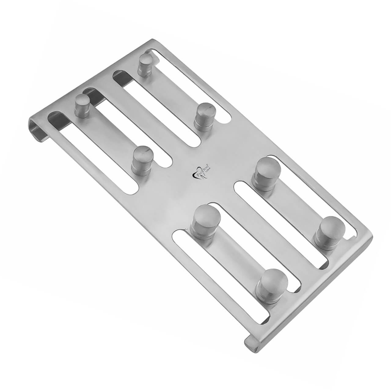 a stainless steel tray with a few hooks on it