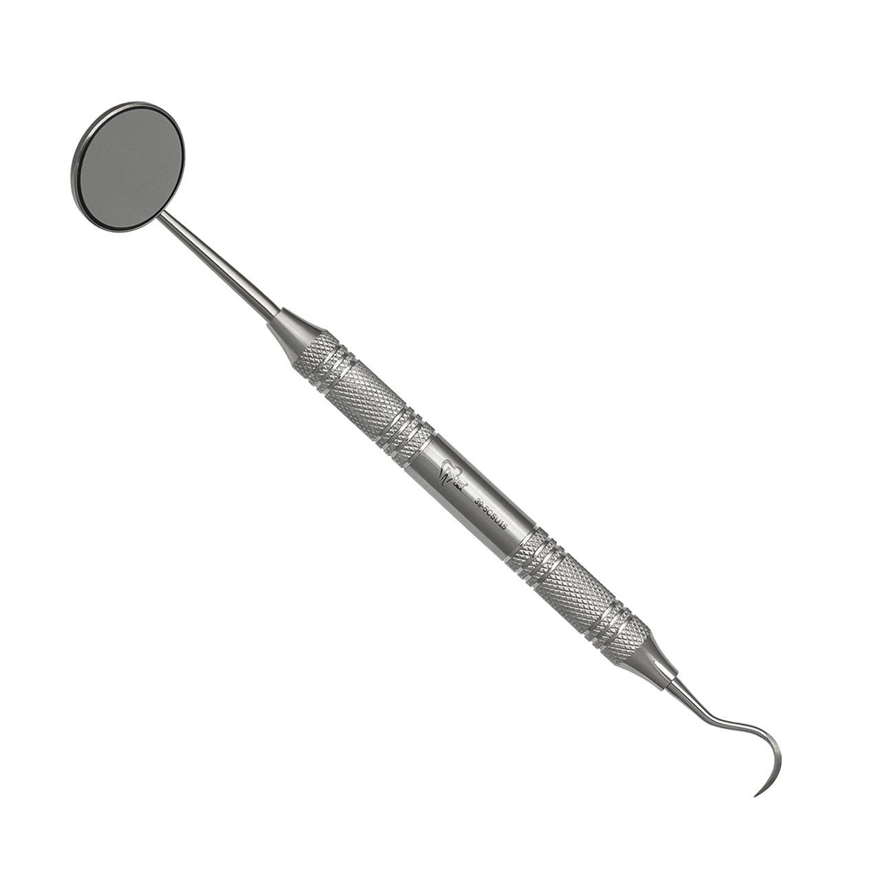 a dental mirror with a stainless steel handle