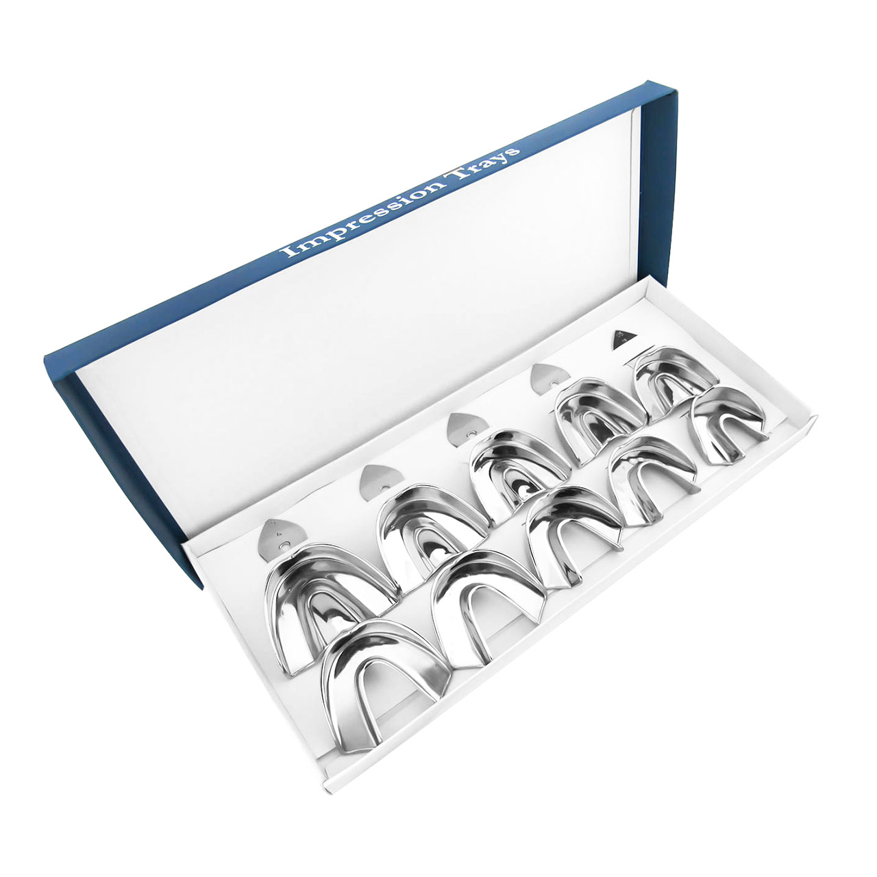 a box filled with 10 stainless steel impression trays