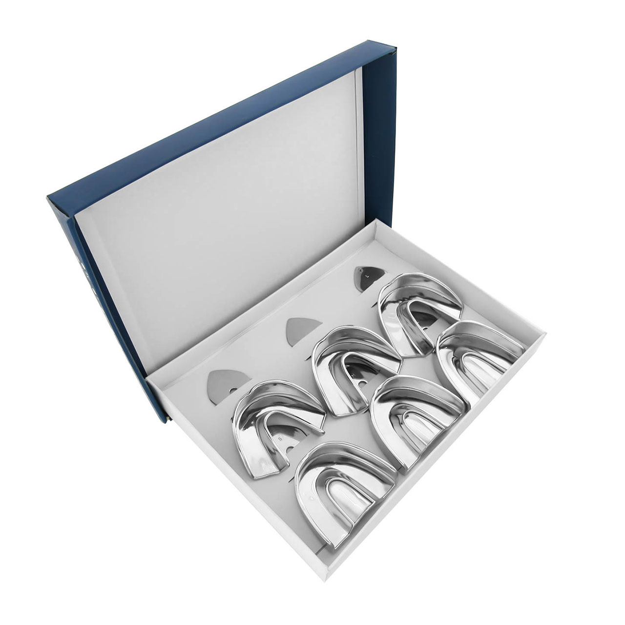 a box of stainless steel teeth impression trays with a blue lid