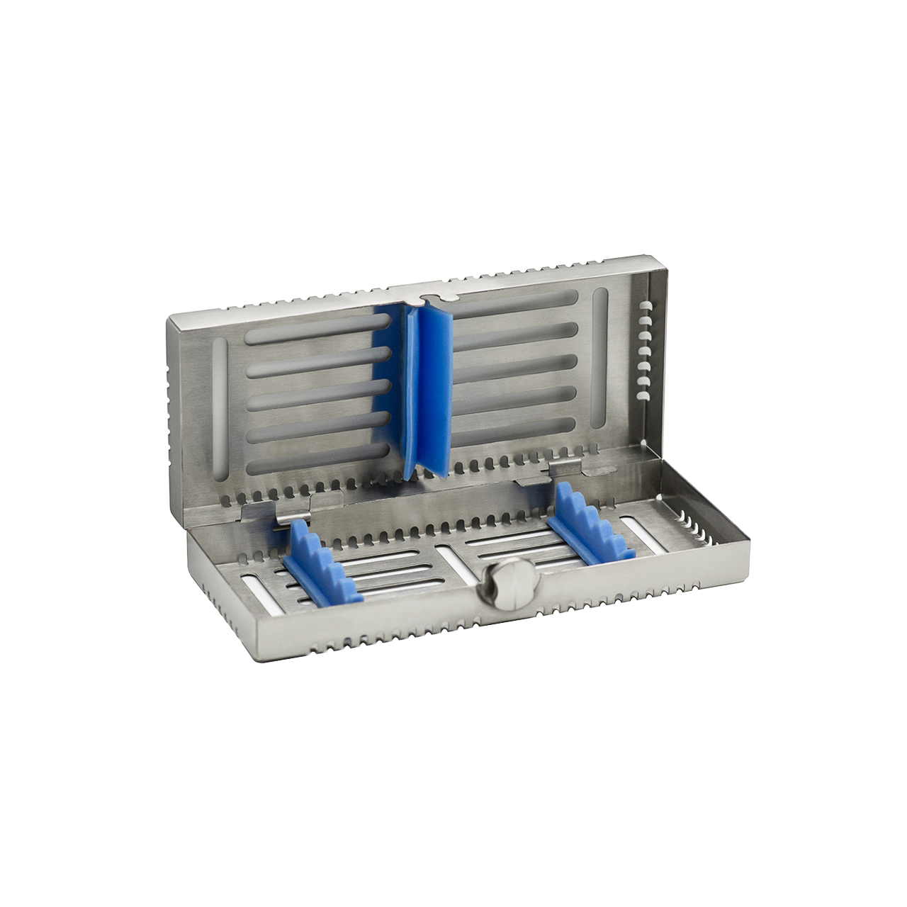 a small dental air cassette that is open with blue coloring.