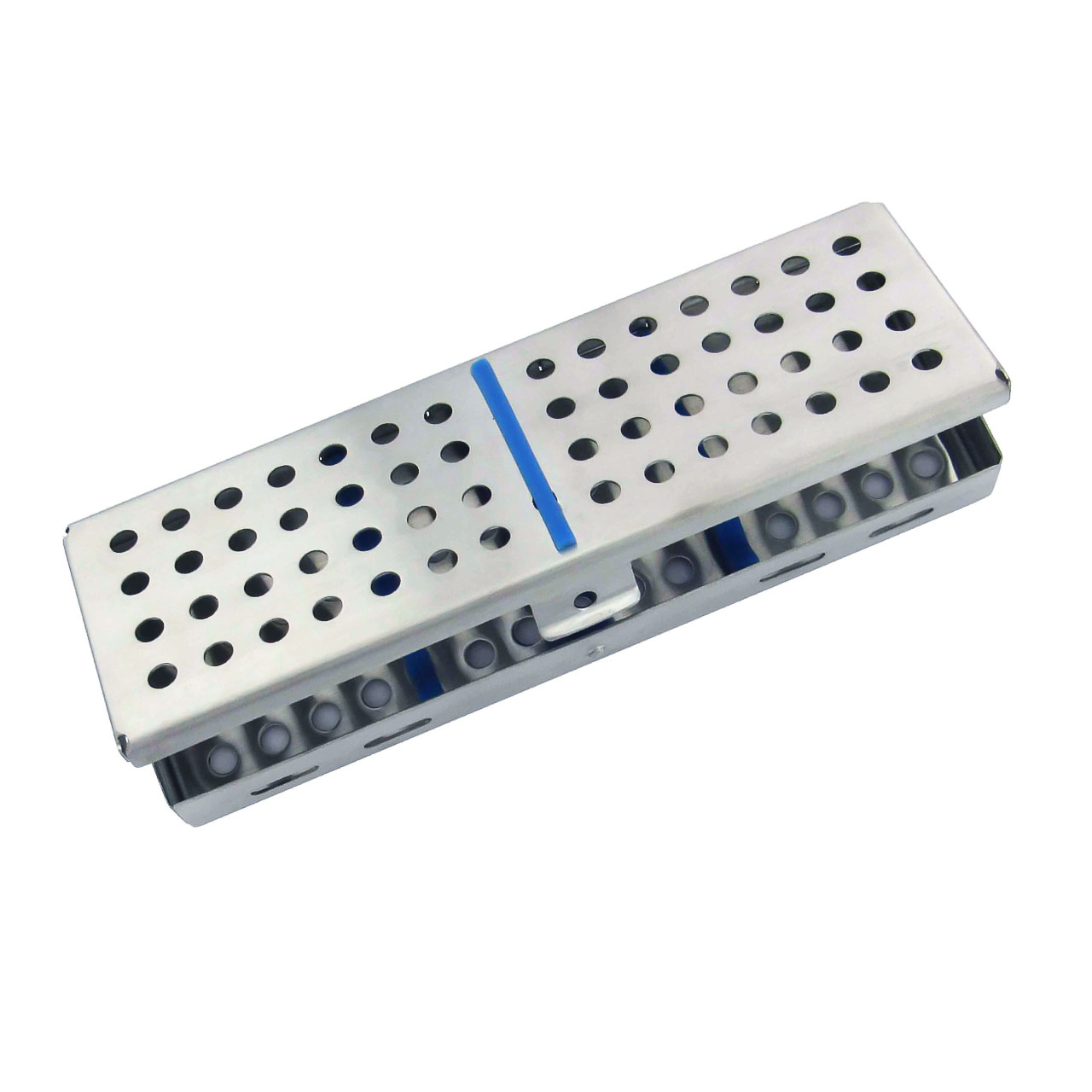 a stainless steel box with holes in it and a blue line