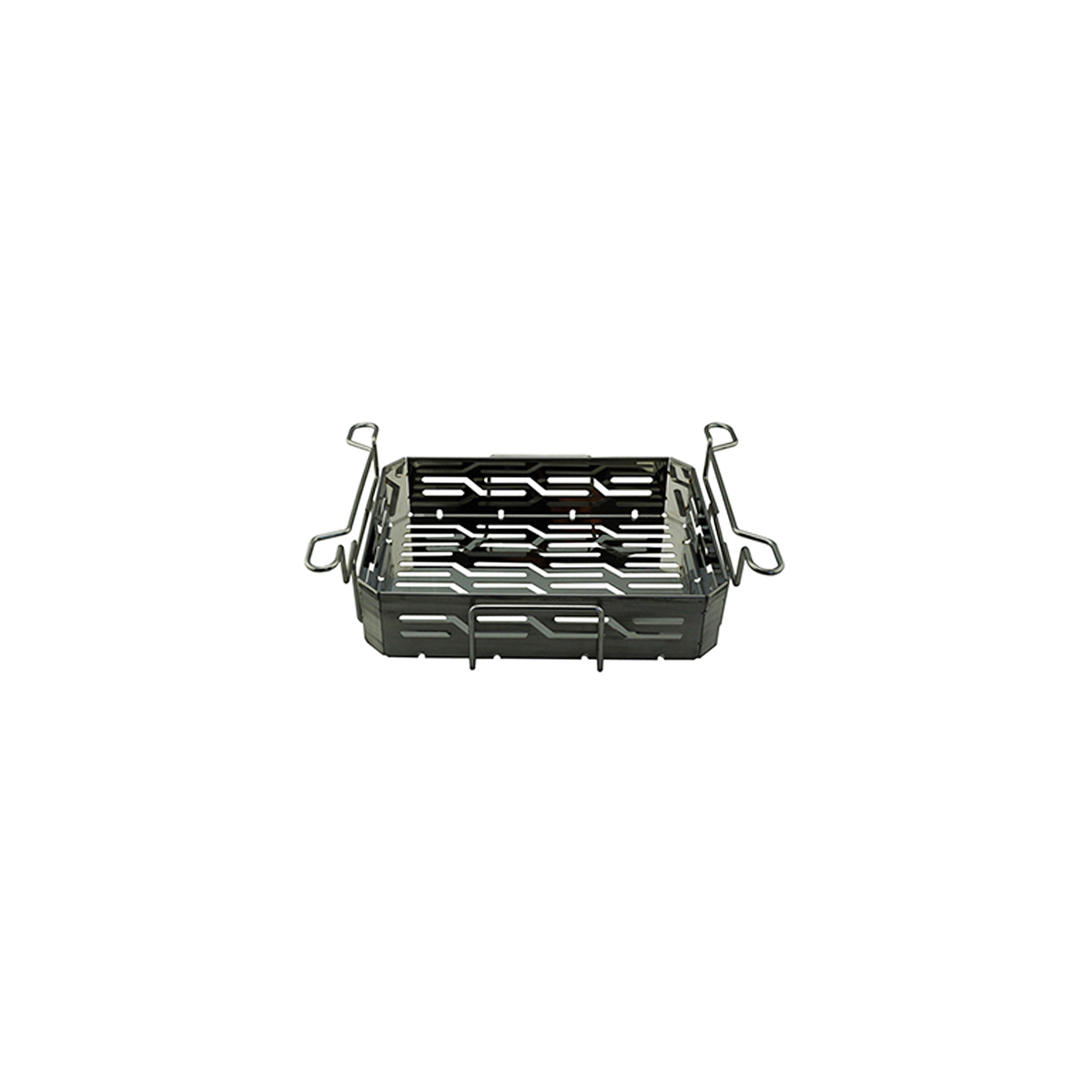 a stainless steel grill with tongs attached to it on a white background