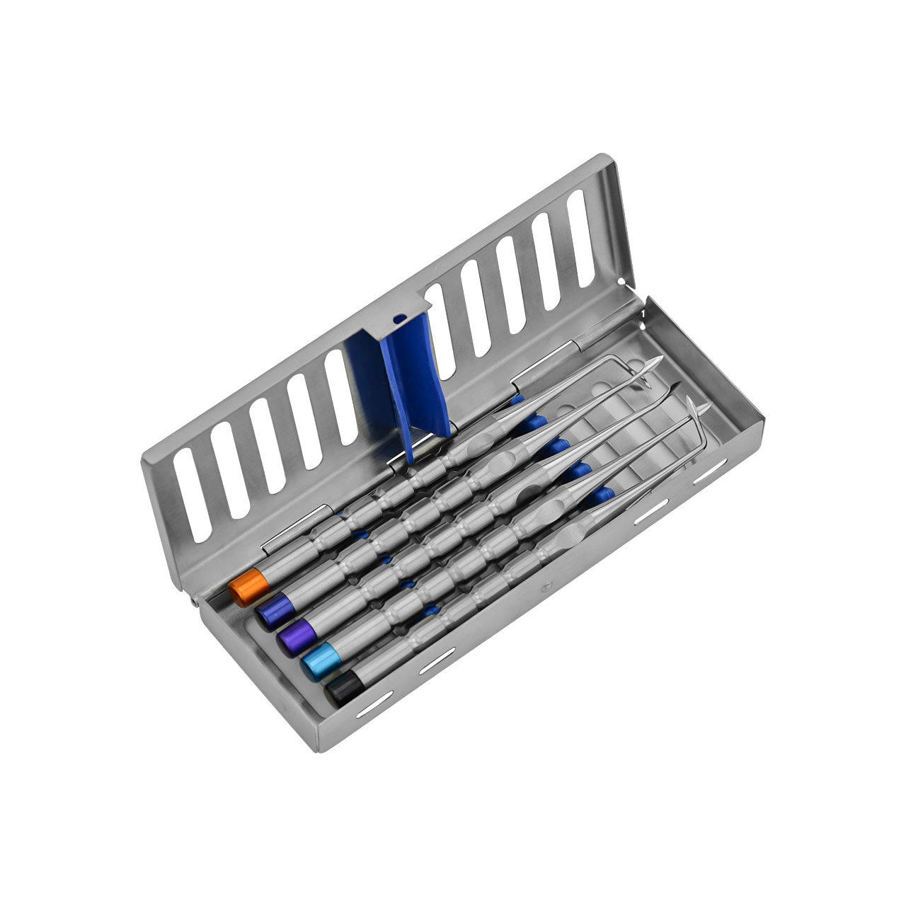 Spade set in a cassette, featuring various dental spade instruments.
