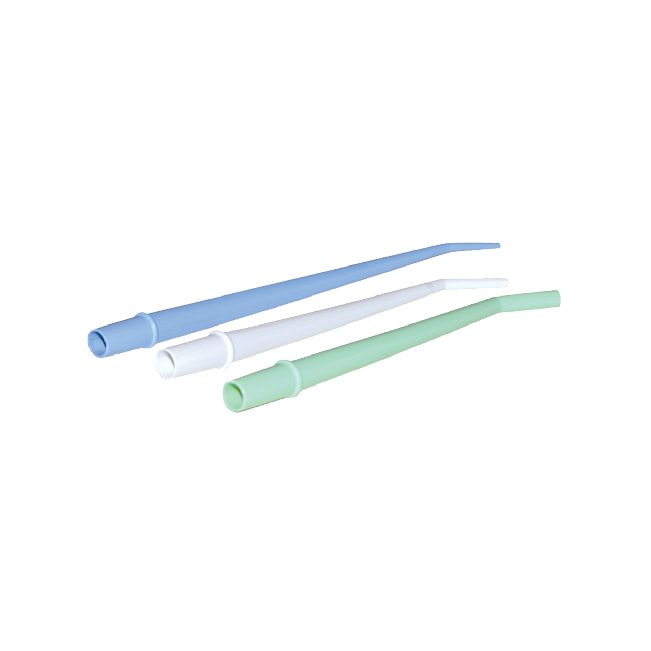 blue, white, and green surgical aspirator tips on a white background