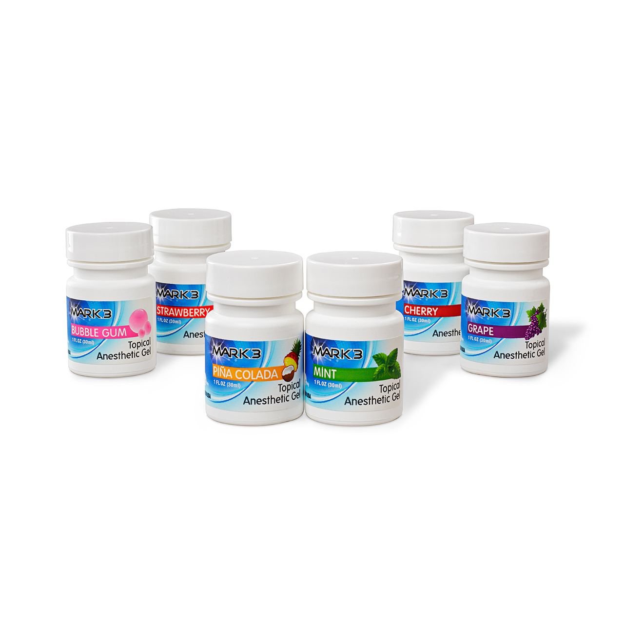 six bottles of mark 's tropical anesthetic gel in different flavors
