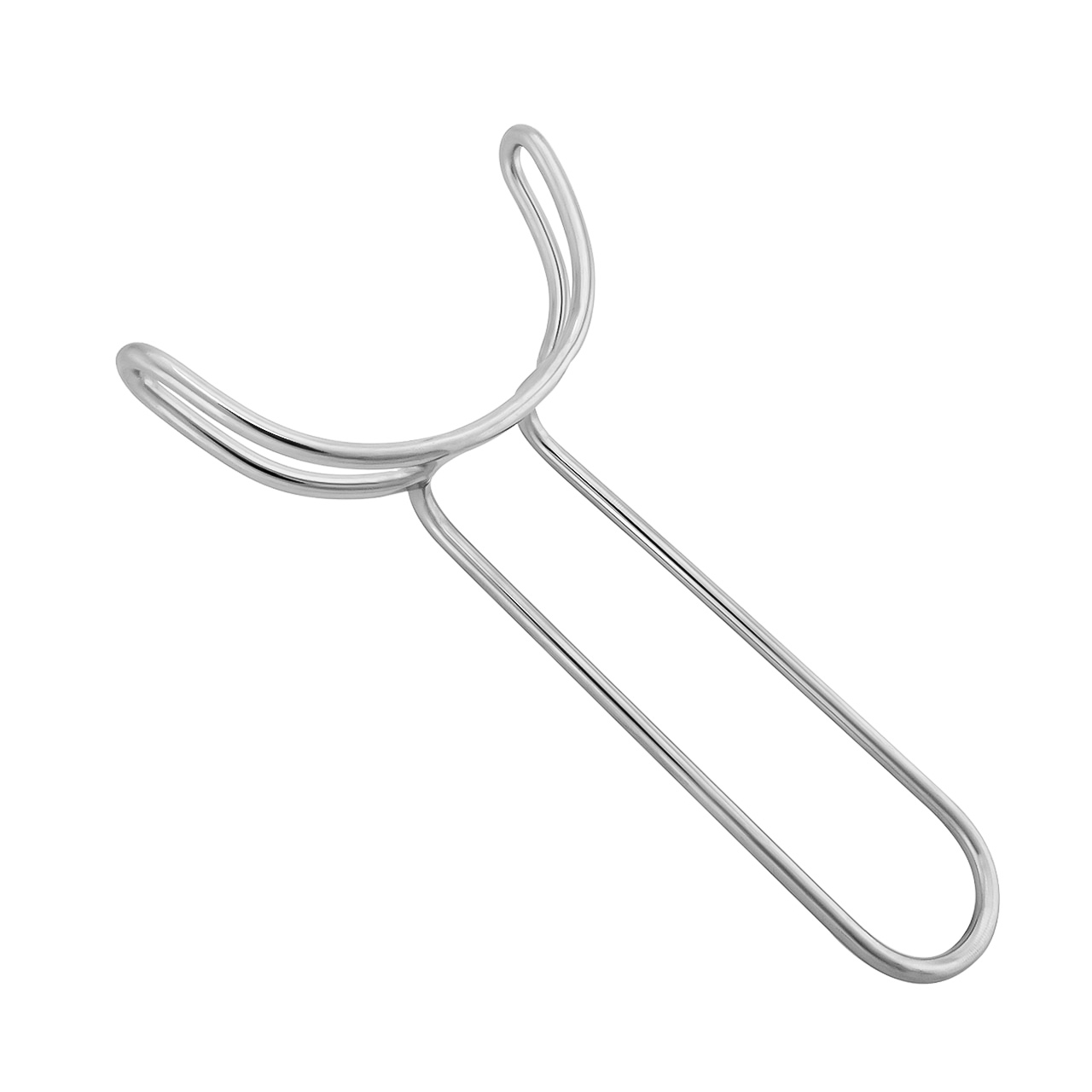 a stainless steel mouth opener on a white background