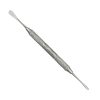 a stainless steel dental tool with a pointed end.